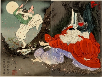 Yoshitoshi print: Yoshitsune getting swordsmanship lessons from a tengu