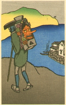 1930's print: traveller with tengu mask 