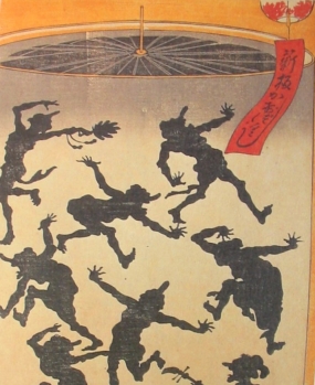 Detail from a magic lantern by Kyosai: dancing tengu! 